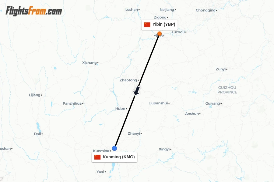 Flights from Yibin to Kunming route map