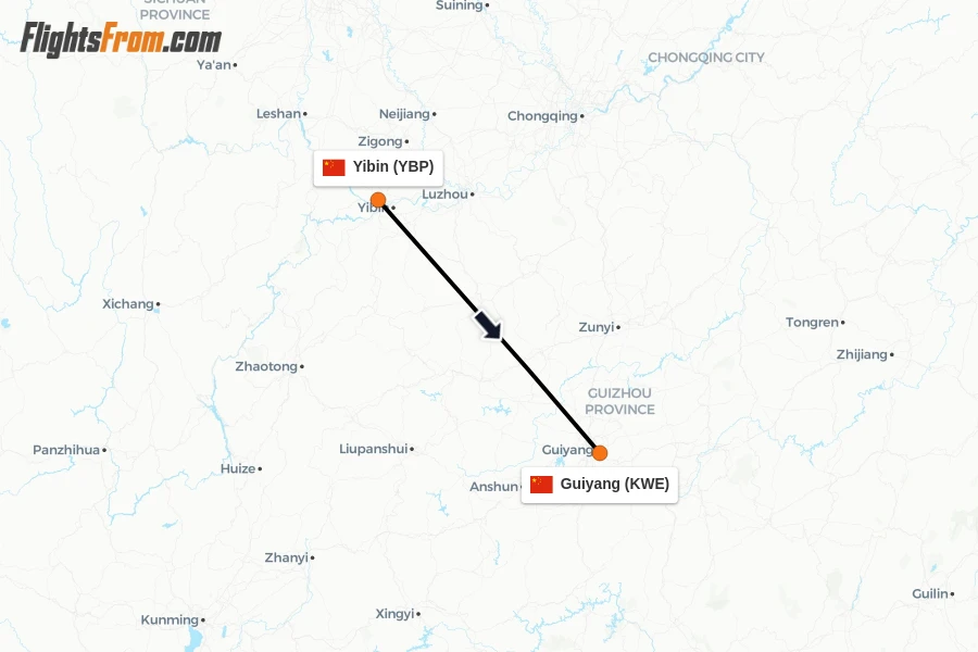 Flights from Yibin to Guiyang route map