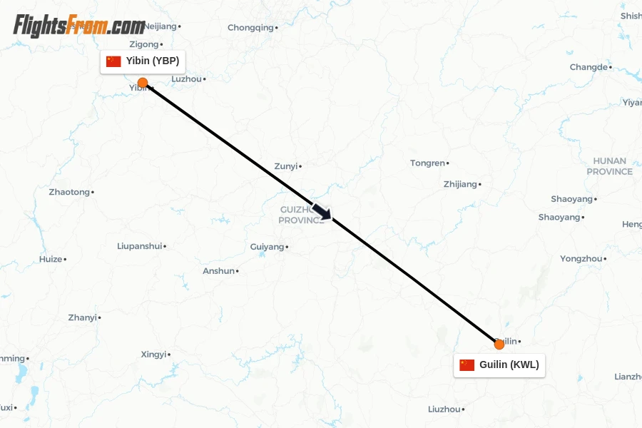 Flights from Yibin to Guilin route map