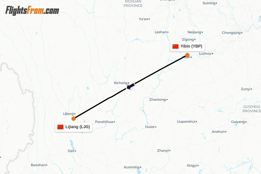 Flights from Yibin to Lijiang route map