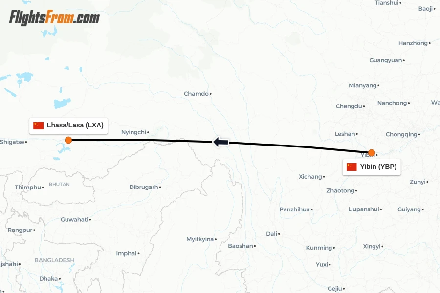 Flights from Yibin to Lhasa/Lasa route map