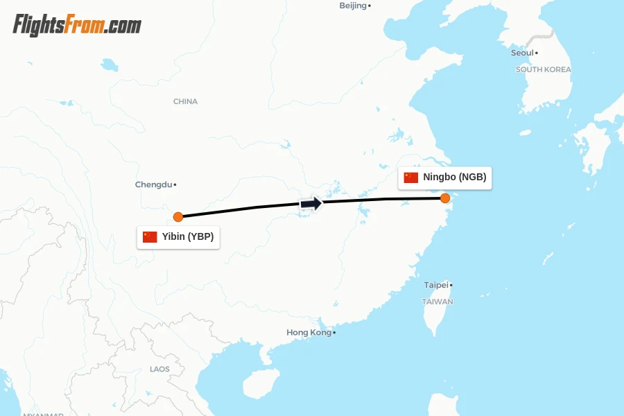 Flights from Yibin to Ningbo route map