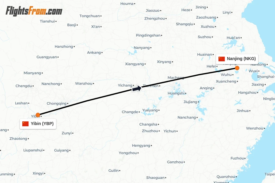 Flights from Yibin to Nanjing route map