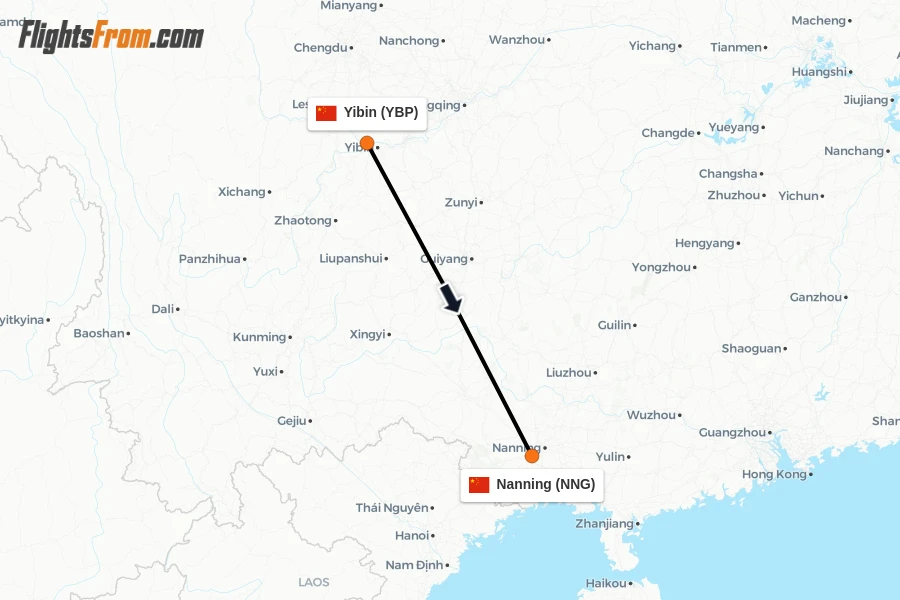 Flights from Yibin to Nanning route map
