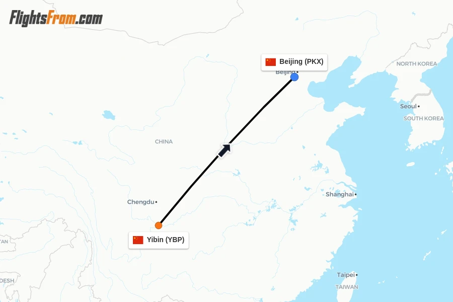 Flights from Yibin to Beijing route map