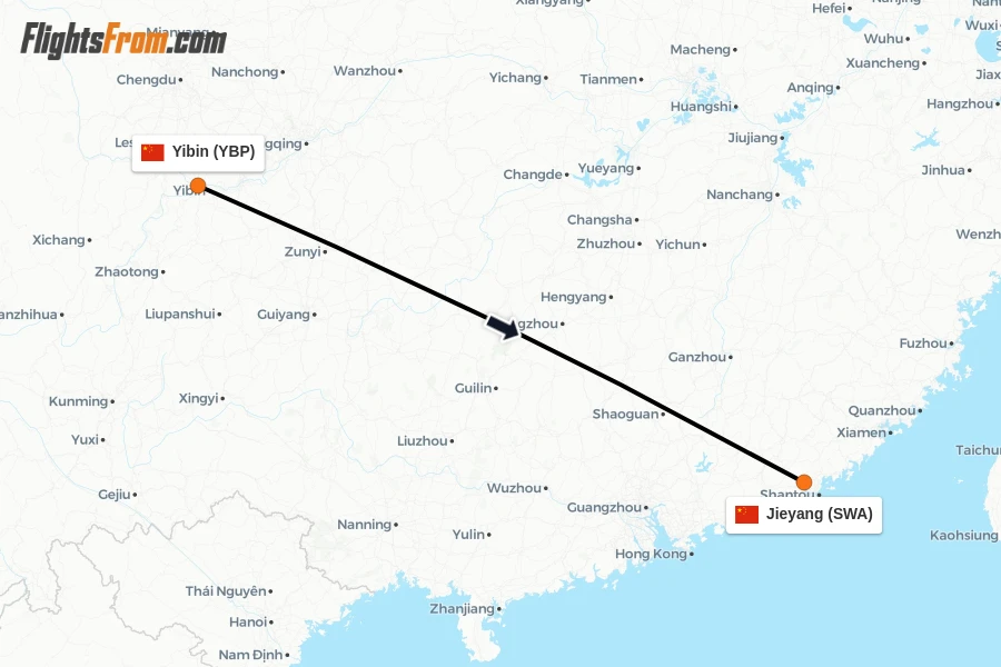Flights from Yibin to Jieyang route map