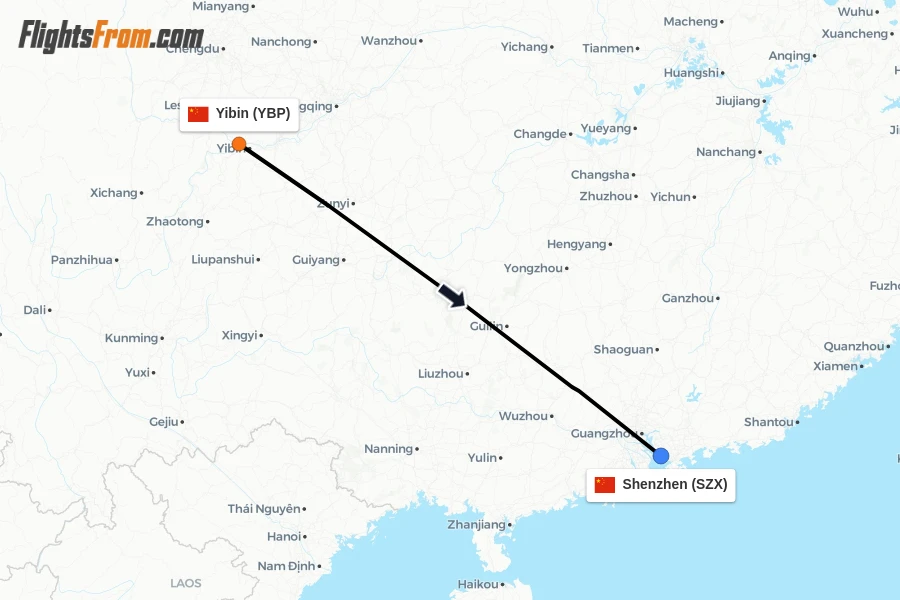 Flights from Yibin to Shenzhen route map