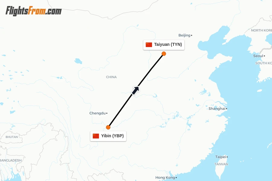 Flights from Yibin to Taiyuan route map