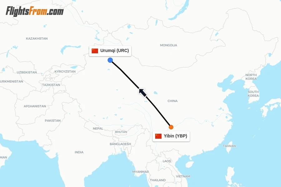Flights from Yibin to Urumqi route map