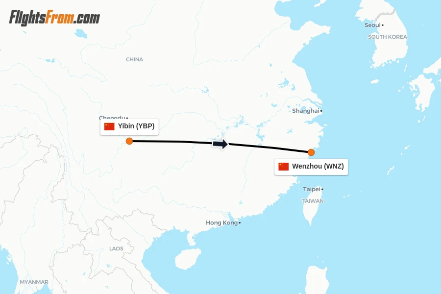 Flights from Yibin to Wenzhou route map