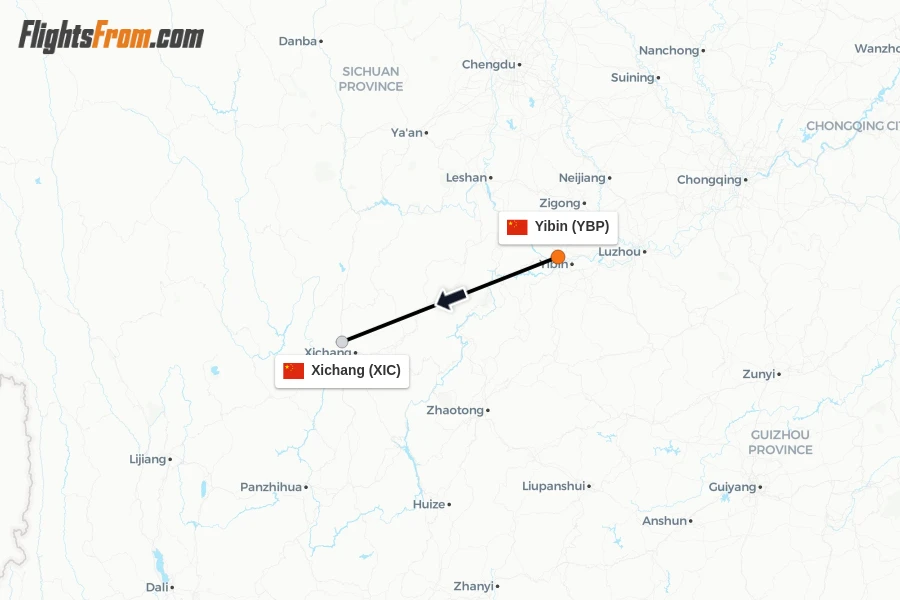 Flights from Yibin to Xichang route map