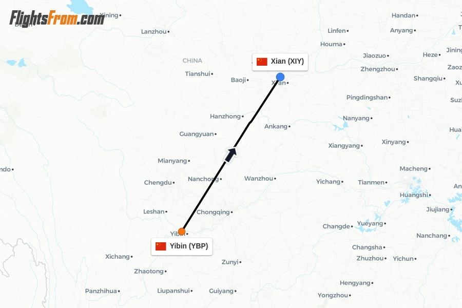 Flights from Yibin to Xian route map