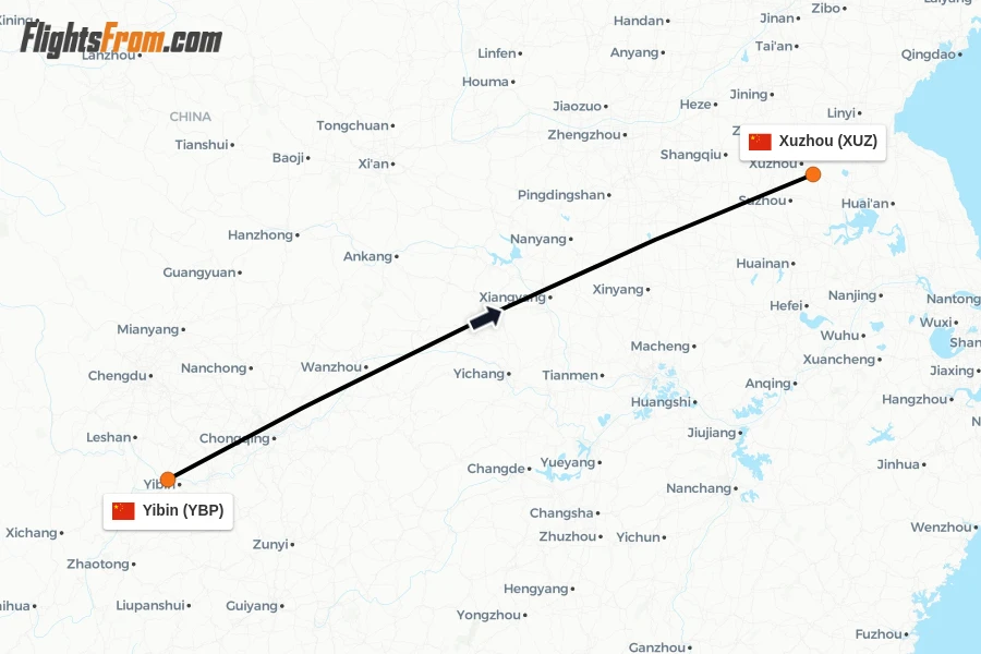 Flights from Yibin to Xuzhou route map
