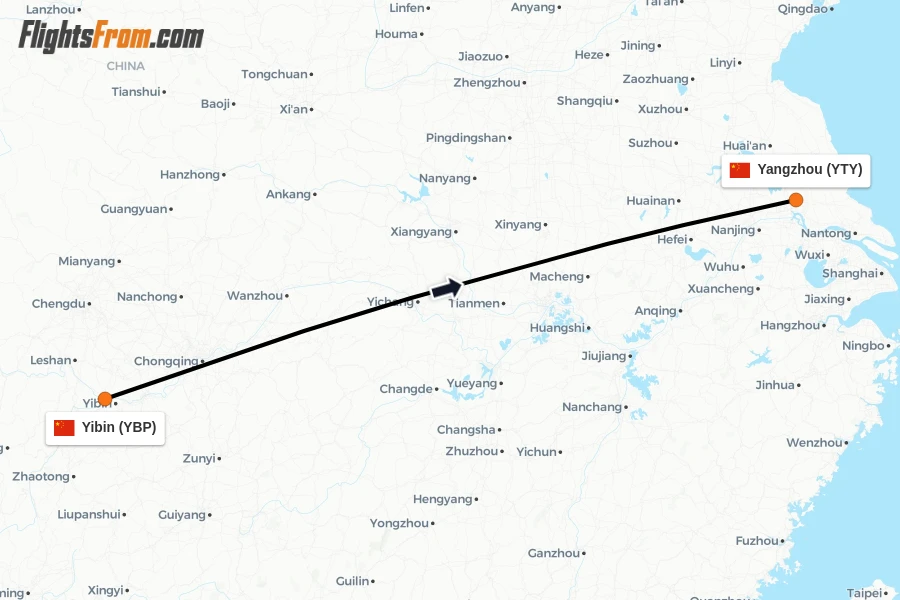 Flights from Yibin to Yangzhou route map