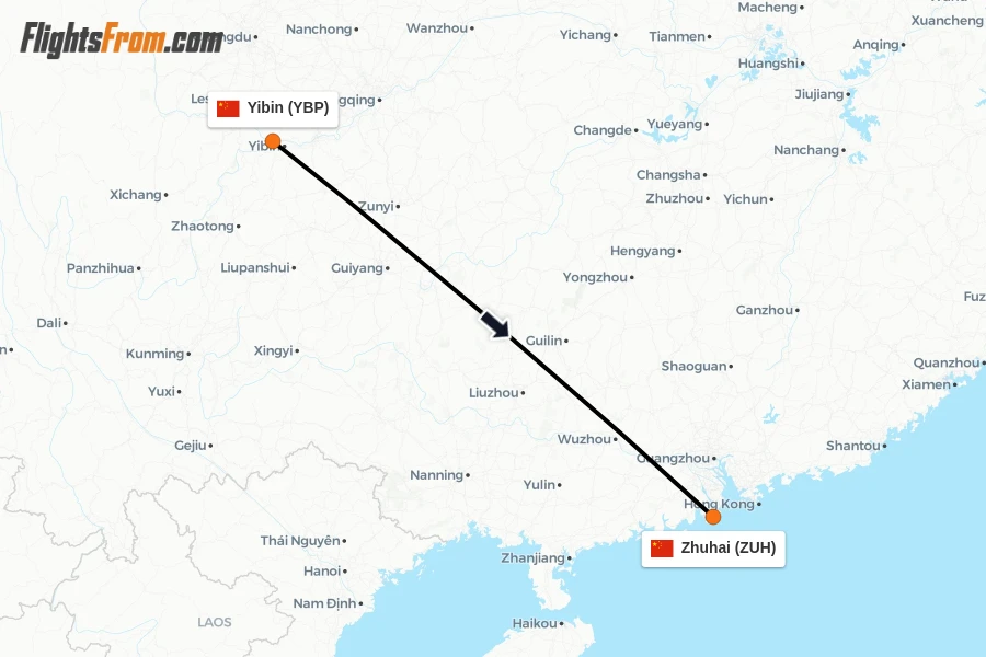 Flights from Yibin to Zhuhai route map