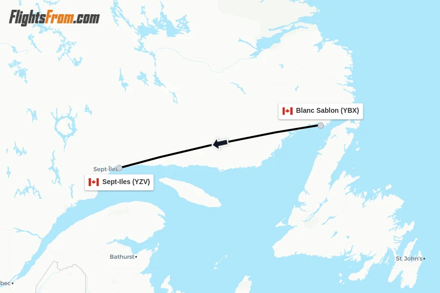 Flights from Blanc Sablon to Sept-Iles route map