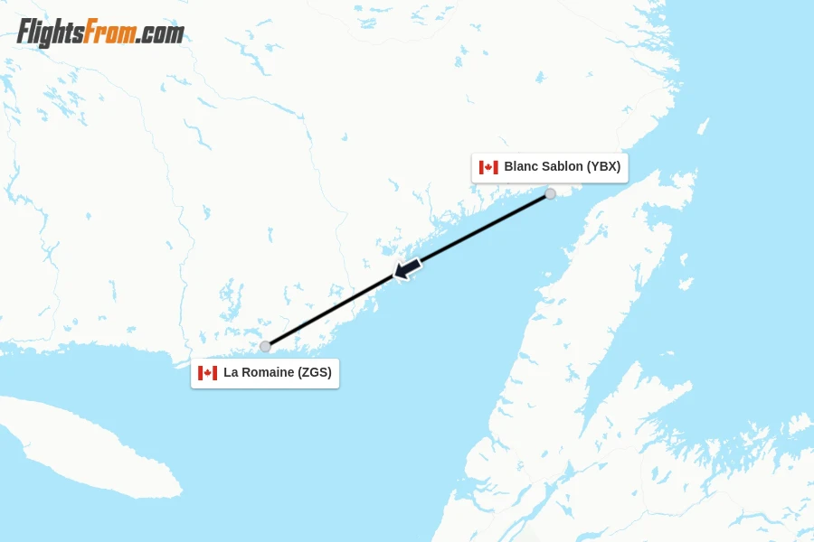 Flights from Blanc Sablon to La Romaine route map