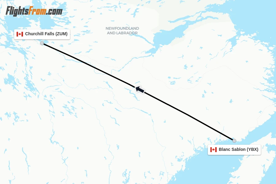 Flights from Blanc Sablon to Churchill Falls route map