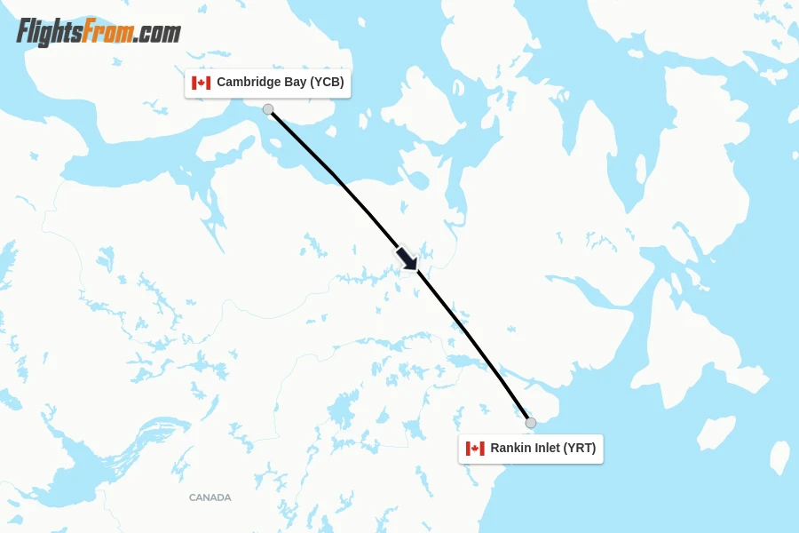 Flights from Cambridge Bay to Rankin Inlet route map