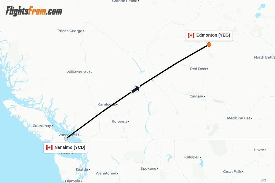 Flights from Nanaimo to Edmonton route map