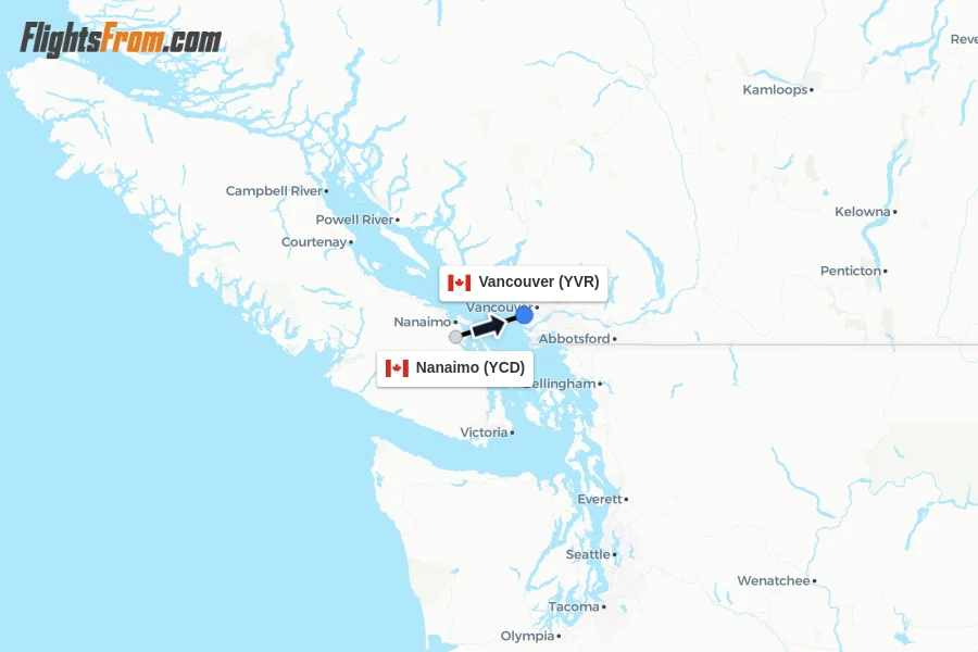 Flights from Nanaimo to Vancouver route map
