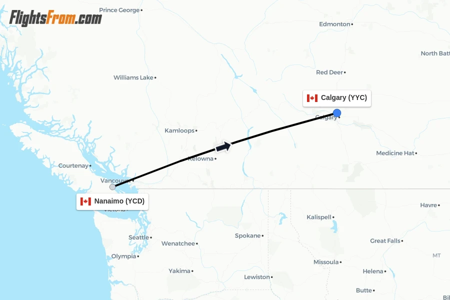 Flights from Nanaimo to Calgary route map