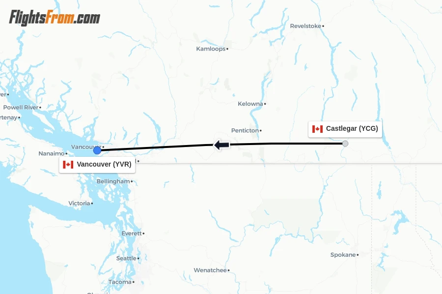 Flights from Castlegar to Vancouver route map