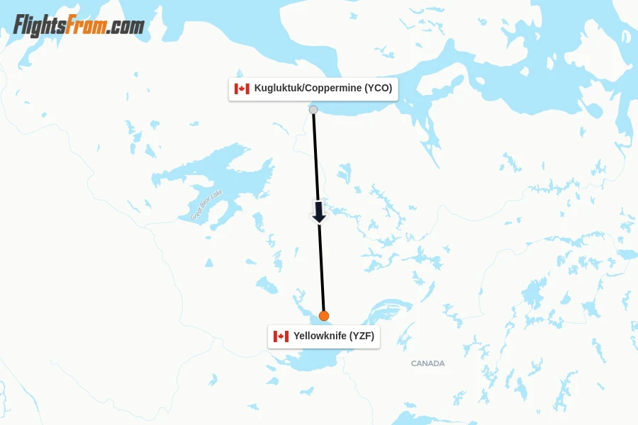 Flights from Kugluktuk/Coppermine to Yellowknife route map