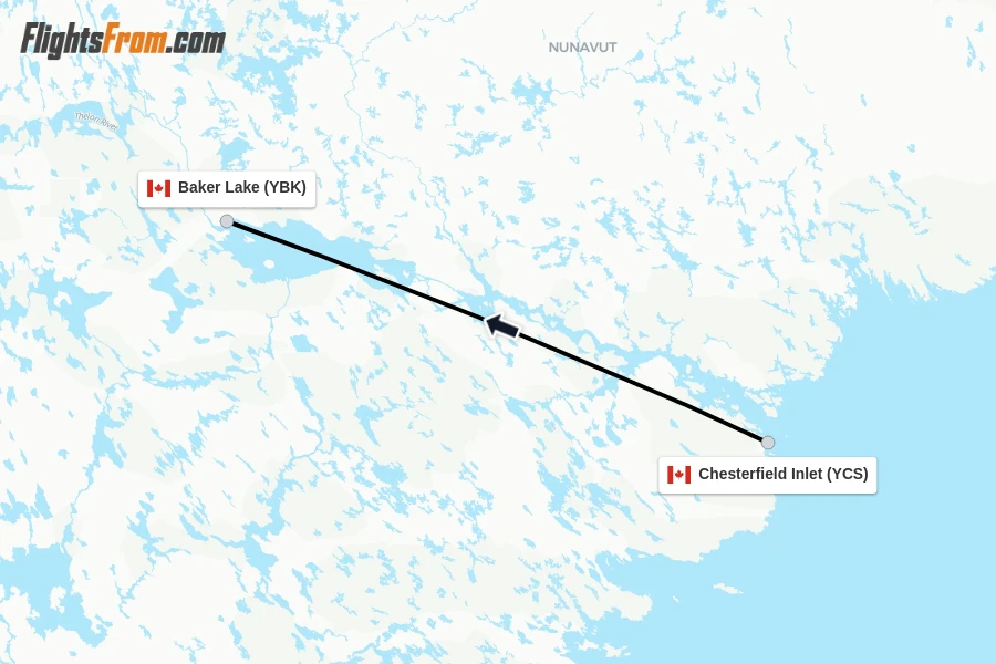 Flights from Chesterfield Inlet to Baker Lake route map