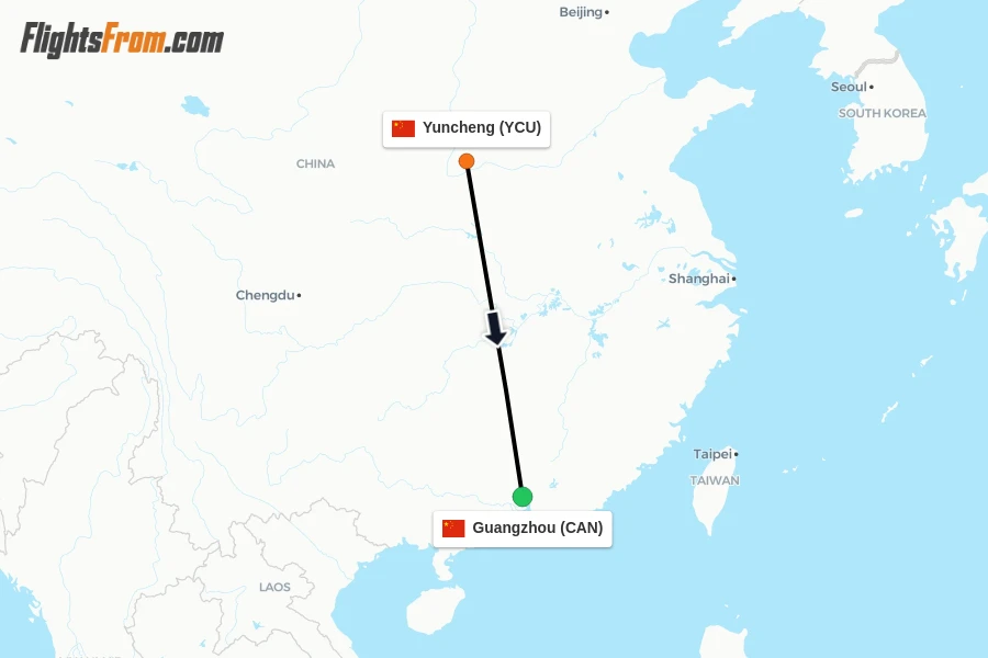 Flights from Yuncheng to Guangzhou route map