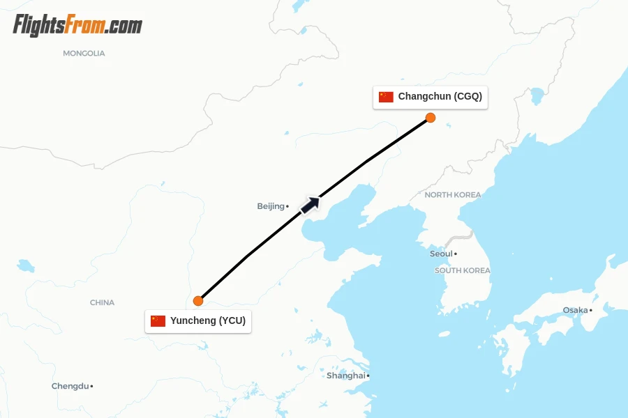 Flights from Yuncheng to Changchun route map