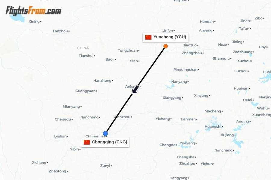 Flights from Yuncheng to Chongqing route map