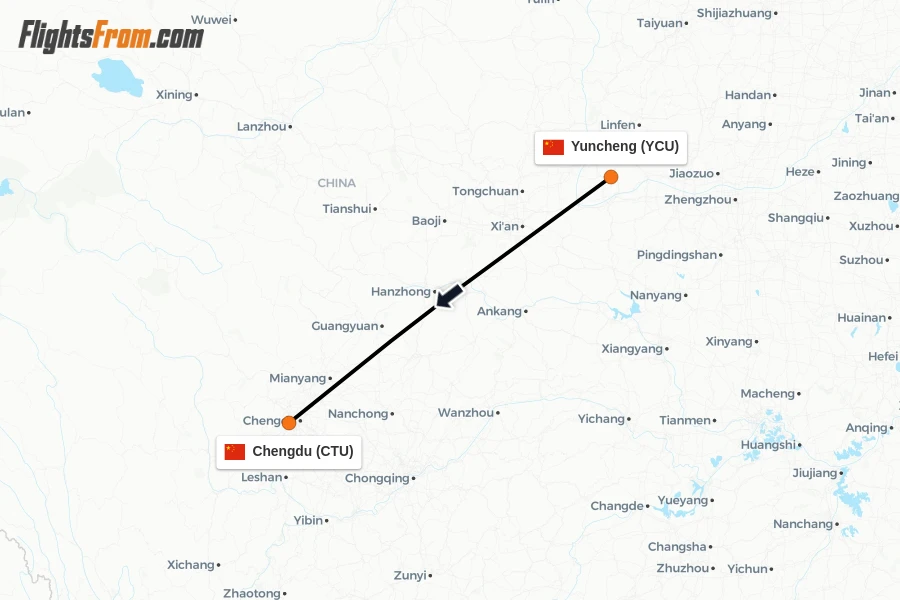 Flights from Yuncheng to Chengdu route map