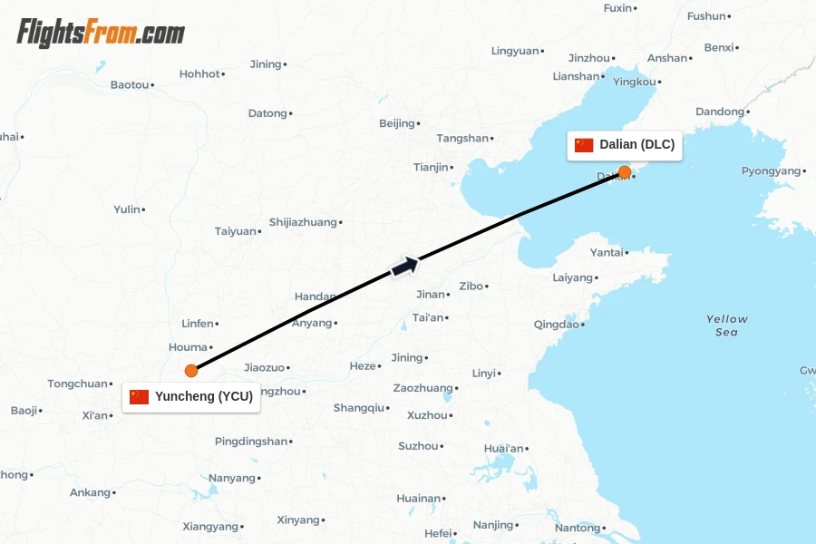Flights from Yuncheng to Dalian route map