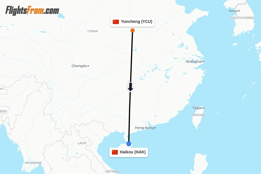 Flights from Yuncheng to Haikou route map