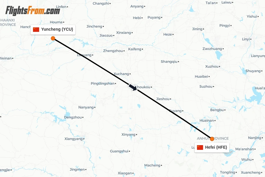 Flights from Yuncheng to Hefei route map