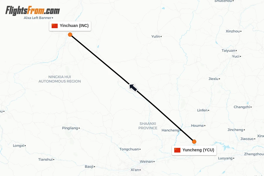 Flights from Yuncheng to Yinchuan route map