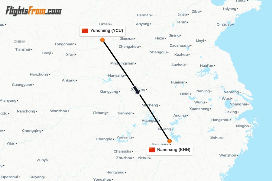 Flights from Yuncheng to Nanchang route map