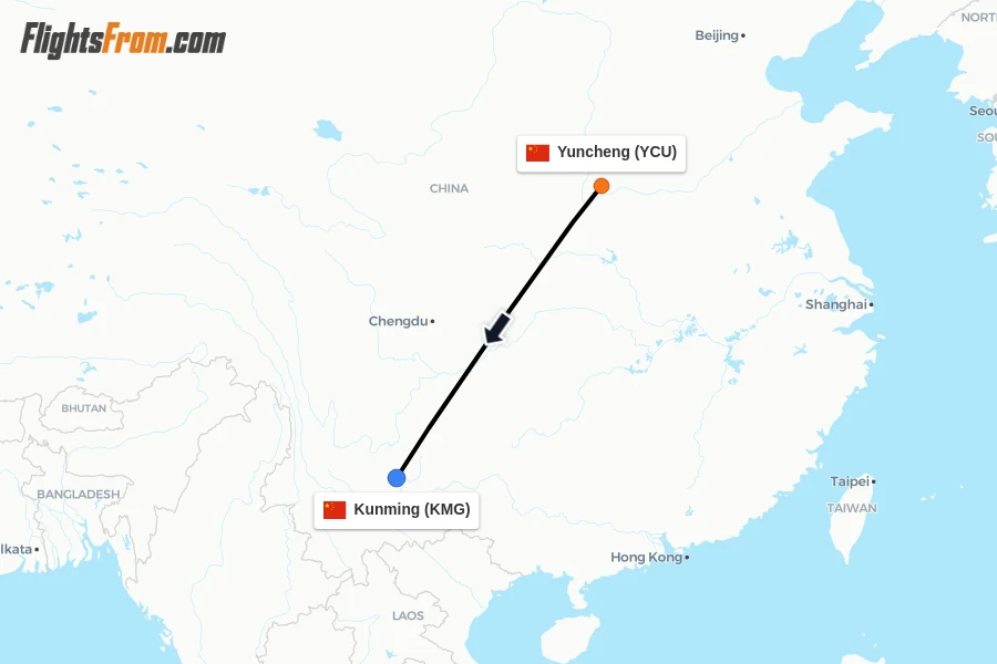 Flights from Yuncheng to Kunming route map