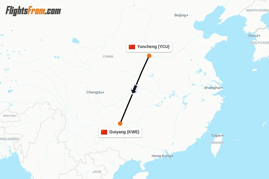 Flights from Yuncheng to Guiyang route map