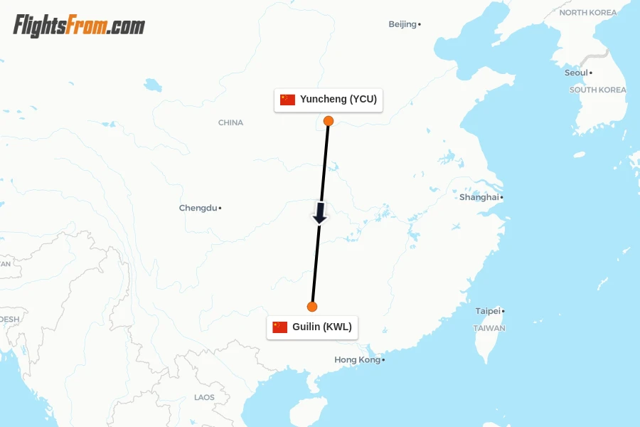 Flights from Yuncheng to Guilin route map