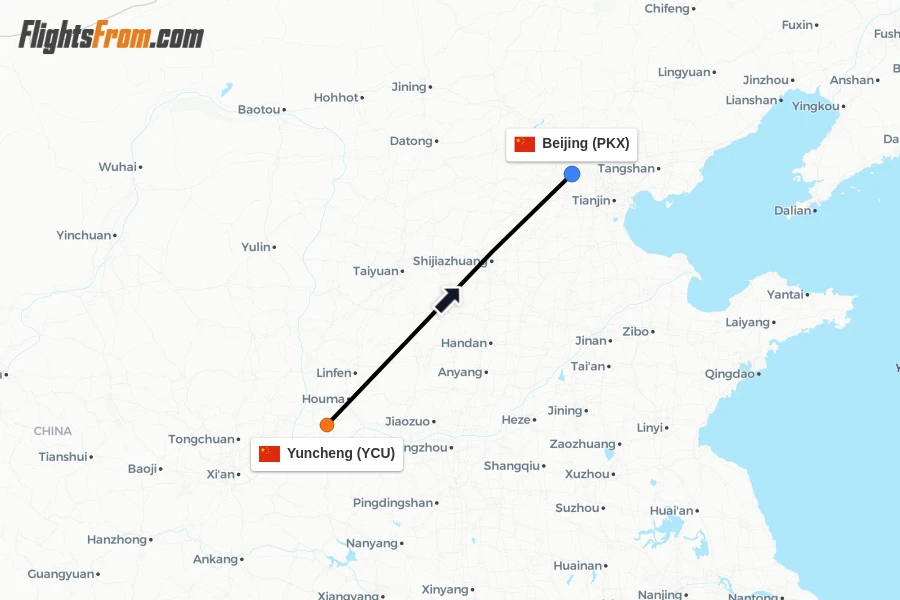 Flights from Yuncheng to Beijing route map