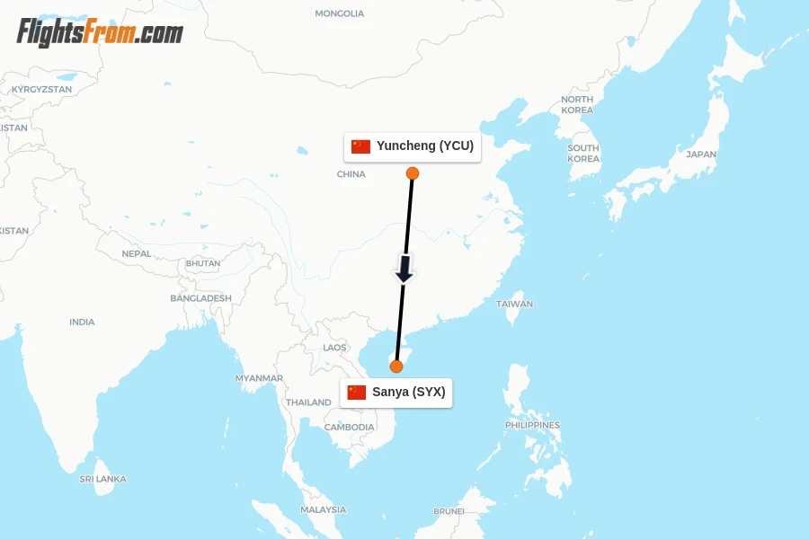 Flights from Yuncheng to Sanya route map