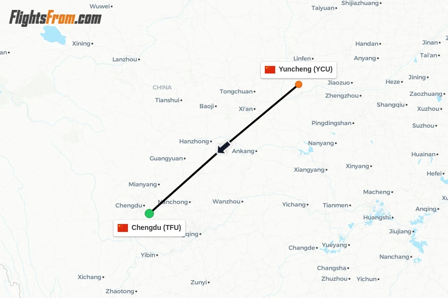 Flights from Yuncheng to Chengdu route map