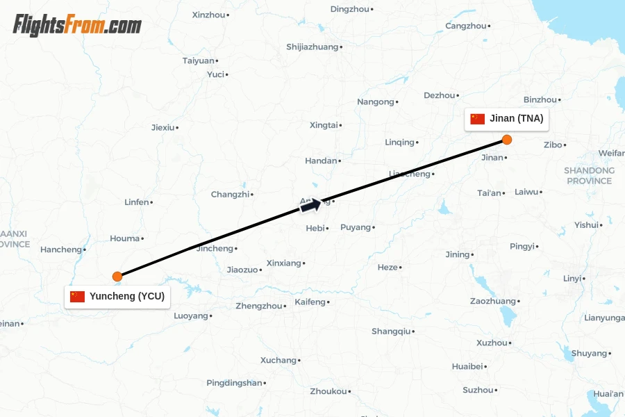 Flights from Yuncheng to Jinan route map