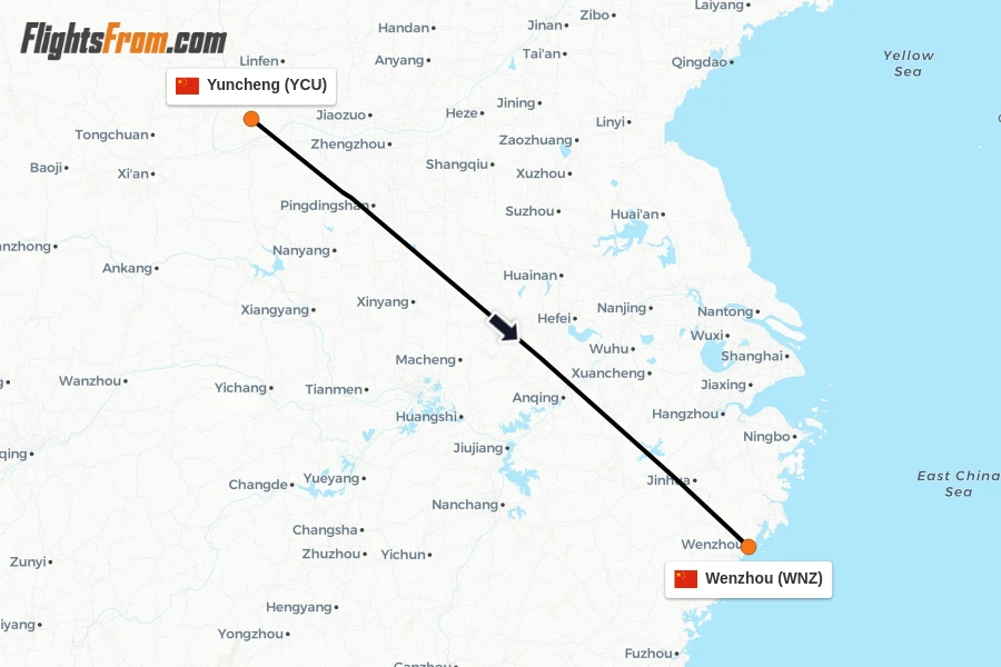 Flights from Yuncheng to Wenzhou route map