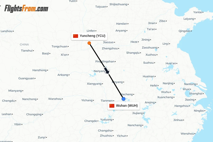 Flights from Yuncheng to Wuhan route map