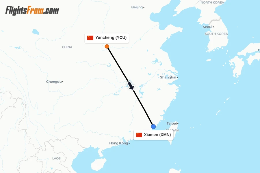 Flights from Yuncheng to Xiamen route map