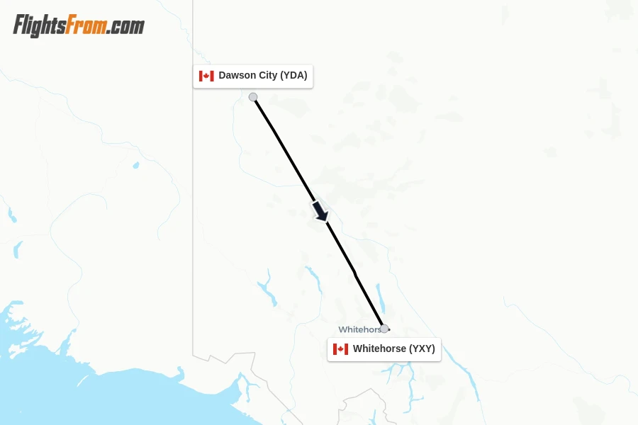 Flights from Dawson City to Whitehorse route map