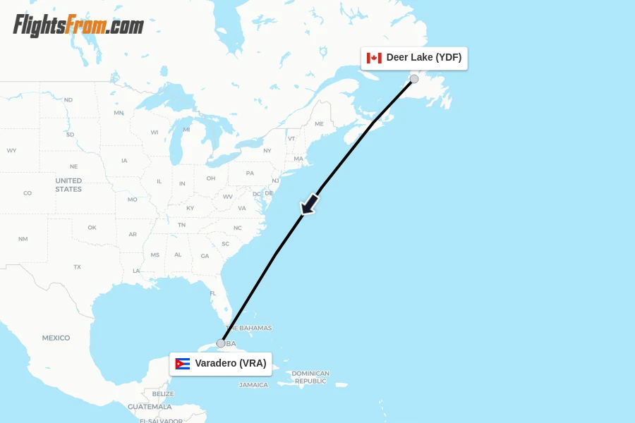 Flights from Deer Lake to Varadero route map